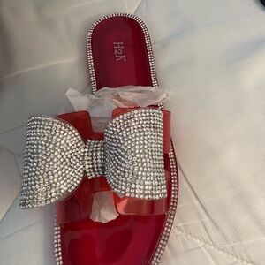 H2K Women's Red Rhinestone Bow Sandals